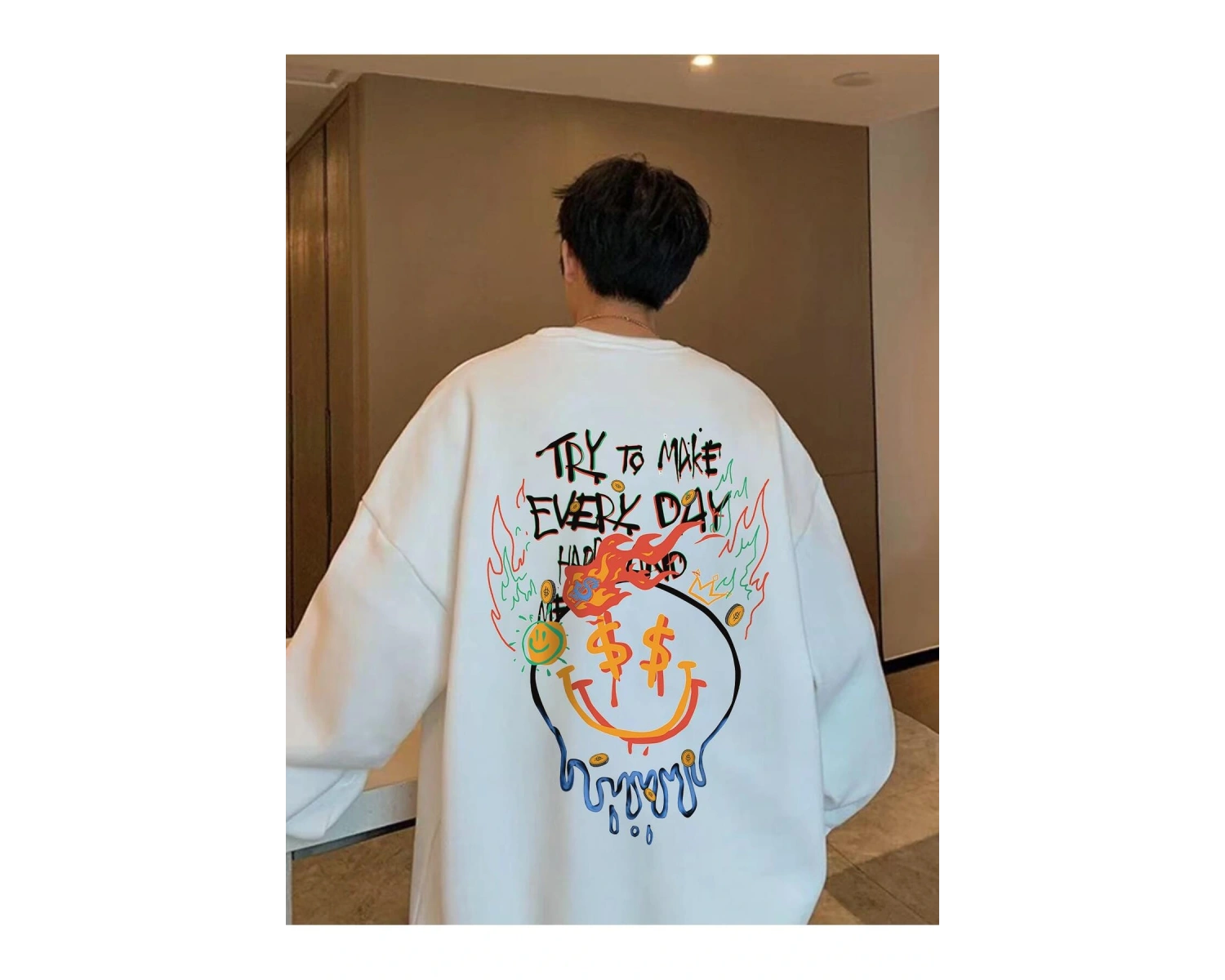 Manfinity EMRG Cartoon And Slogan Graphic Sweatshirt Beyaz