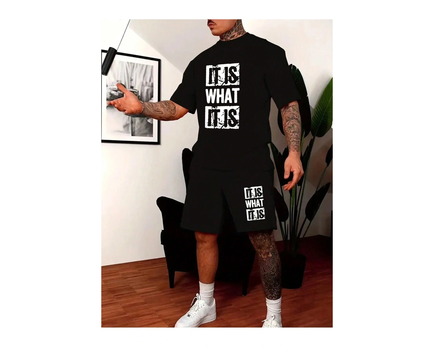 Manfinity EMRG Erkek Grafik Baskılı Tişört Ve Şort Takımı