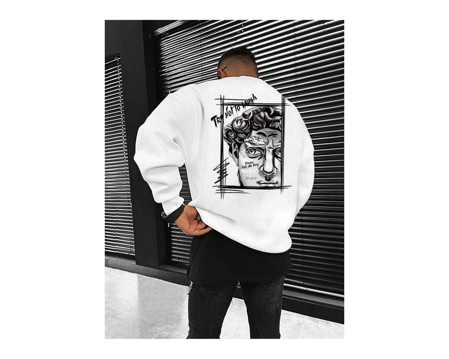 Manfinity EMRG Figure & Letter Graphic Sweatshirt Beyaz