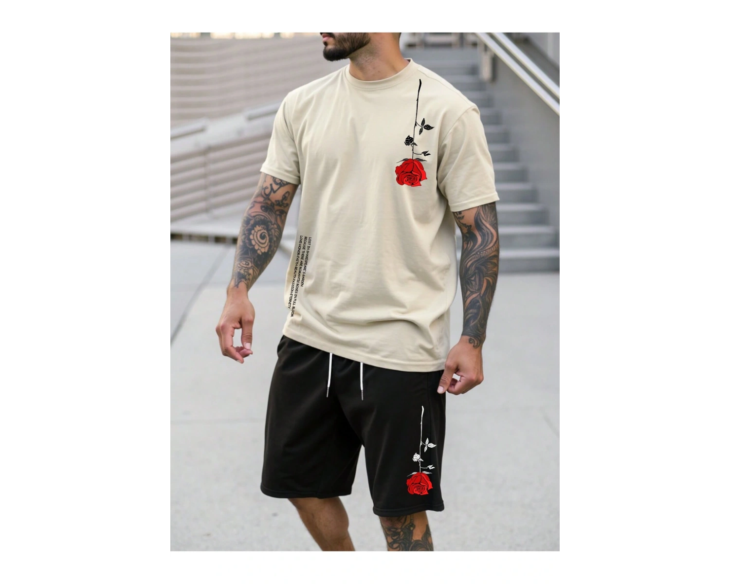Manfinity Homme 2 Adet/Takım Erkek Çiçek Desenli Tişört Ve Şort Takımı