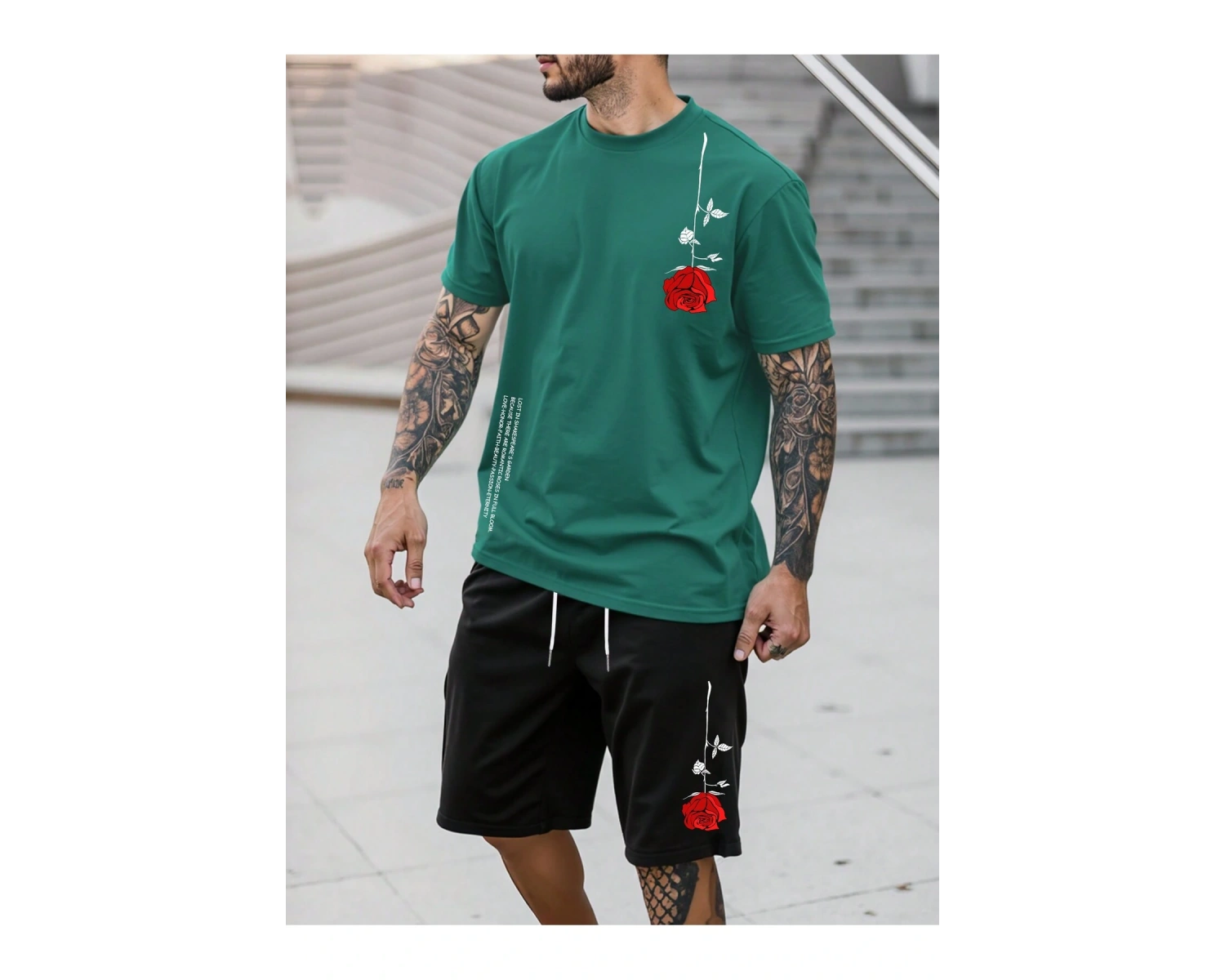 Manfinity Homme 2 Adet/Takım Erkek Çiçek Desenli Tişört Ve Şort Takımı