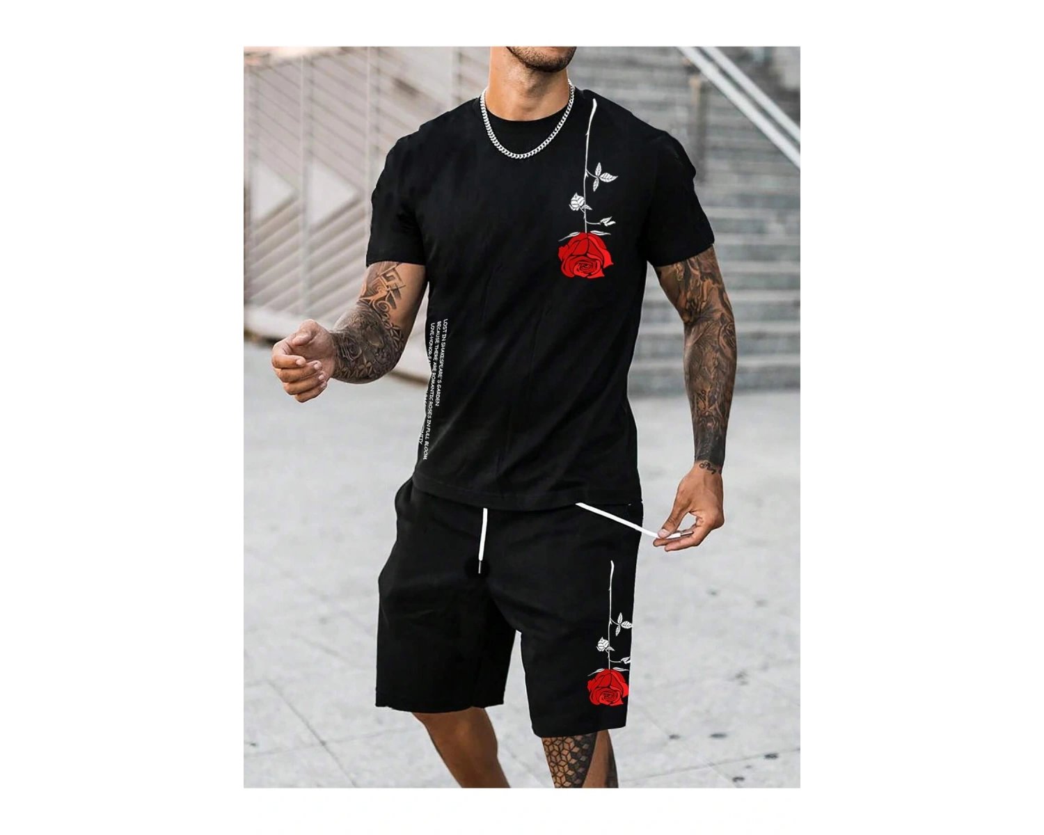Manfinity Homme 2 Adet/Takım Erkek Çiçek Desenli Tişört Ve Şort Takımı