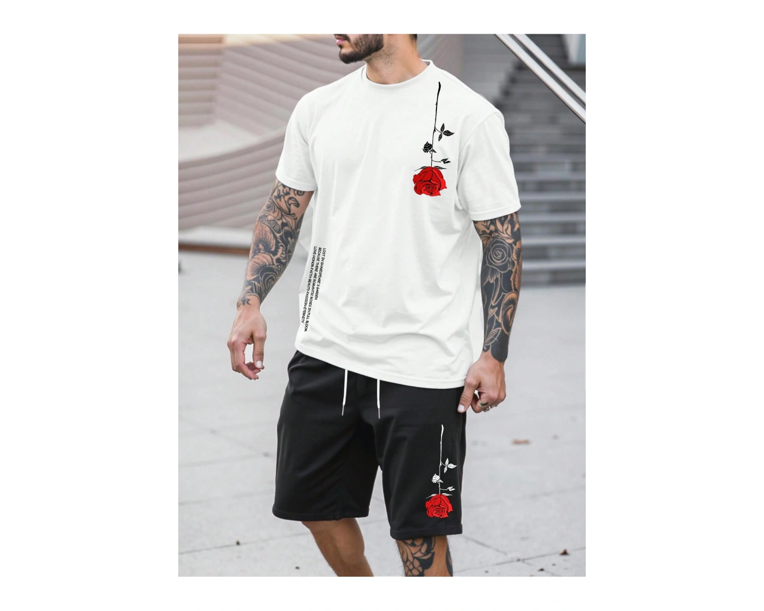 Manfinity Homme 2 Adet/Takım Erkek Çiçek Desenli Tişört Ve Şort Takımı