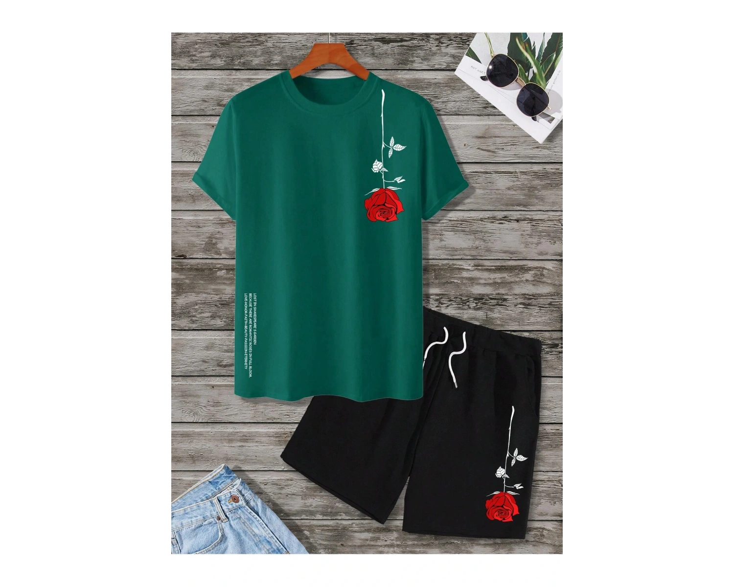 Manfinity Homme 2 Adet/Takım Erkek Çiçek Desenli Tişört Ve Şort Takımı