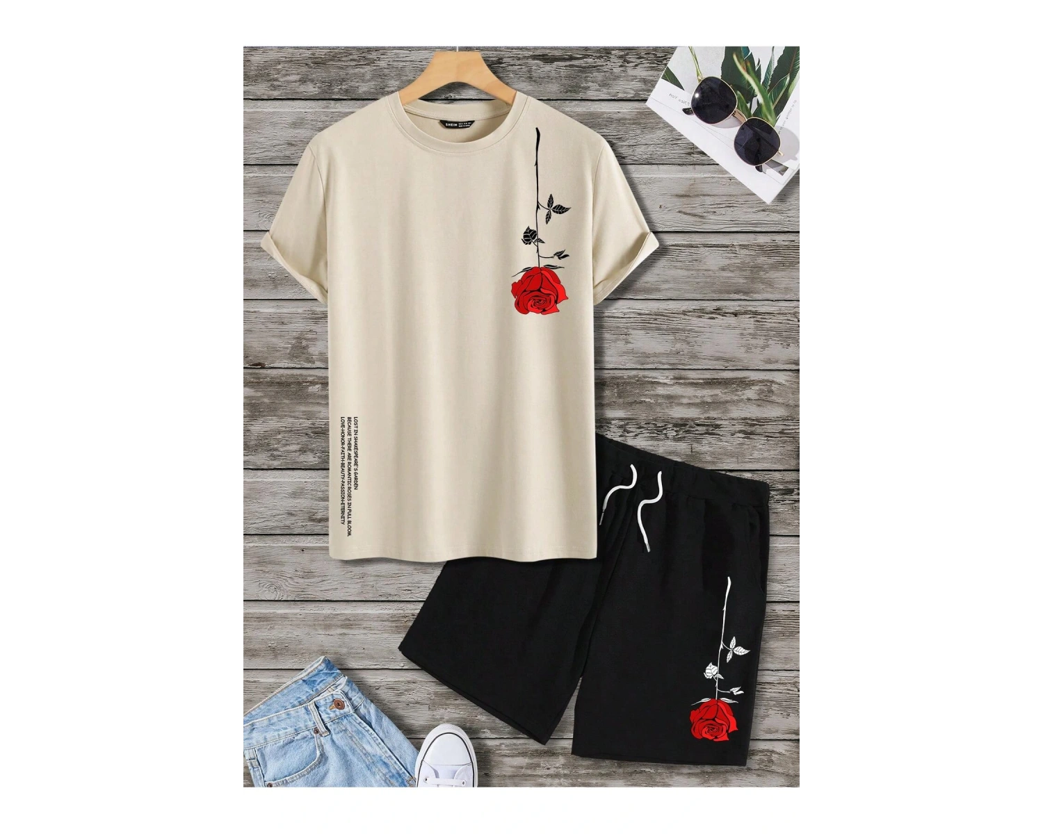 Manfinity Homme 2 Adet/Takım Erkek Çiçek Desenli Tişört Ve Şort Takımı