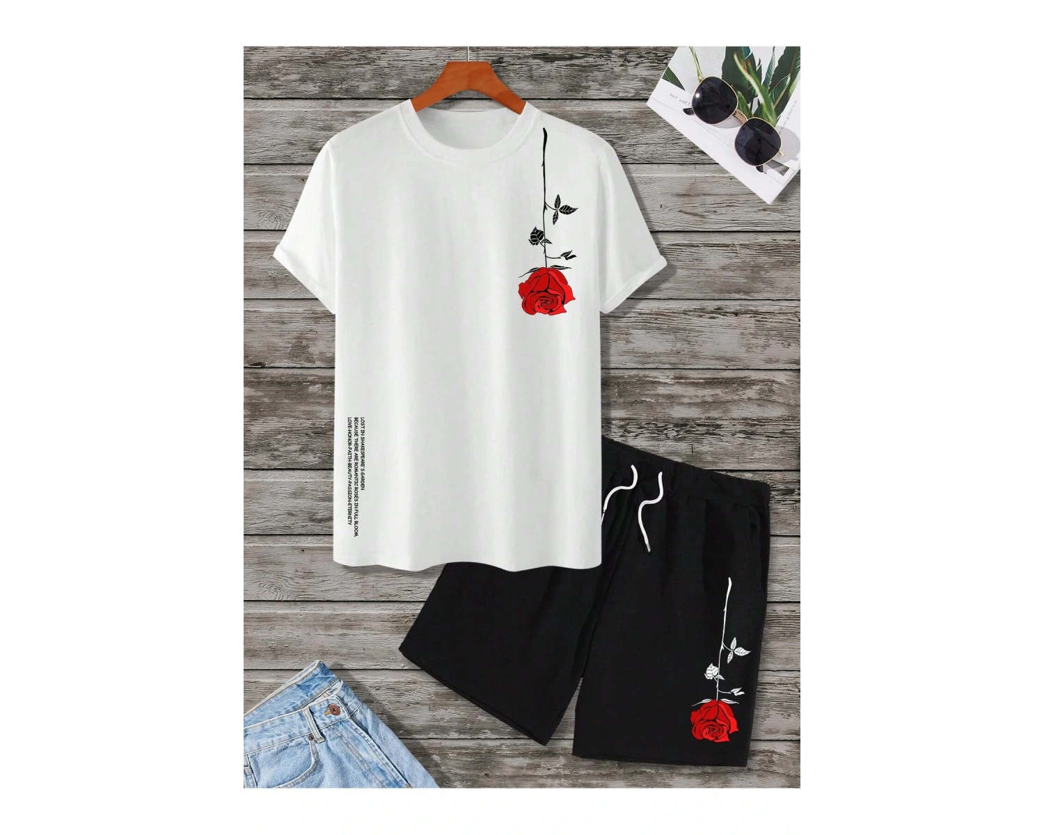 Manfinity Homme 2 Adet/Takım Erkek Çiçek Desenli Tişört Ve Şort Takımı