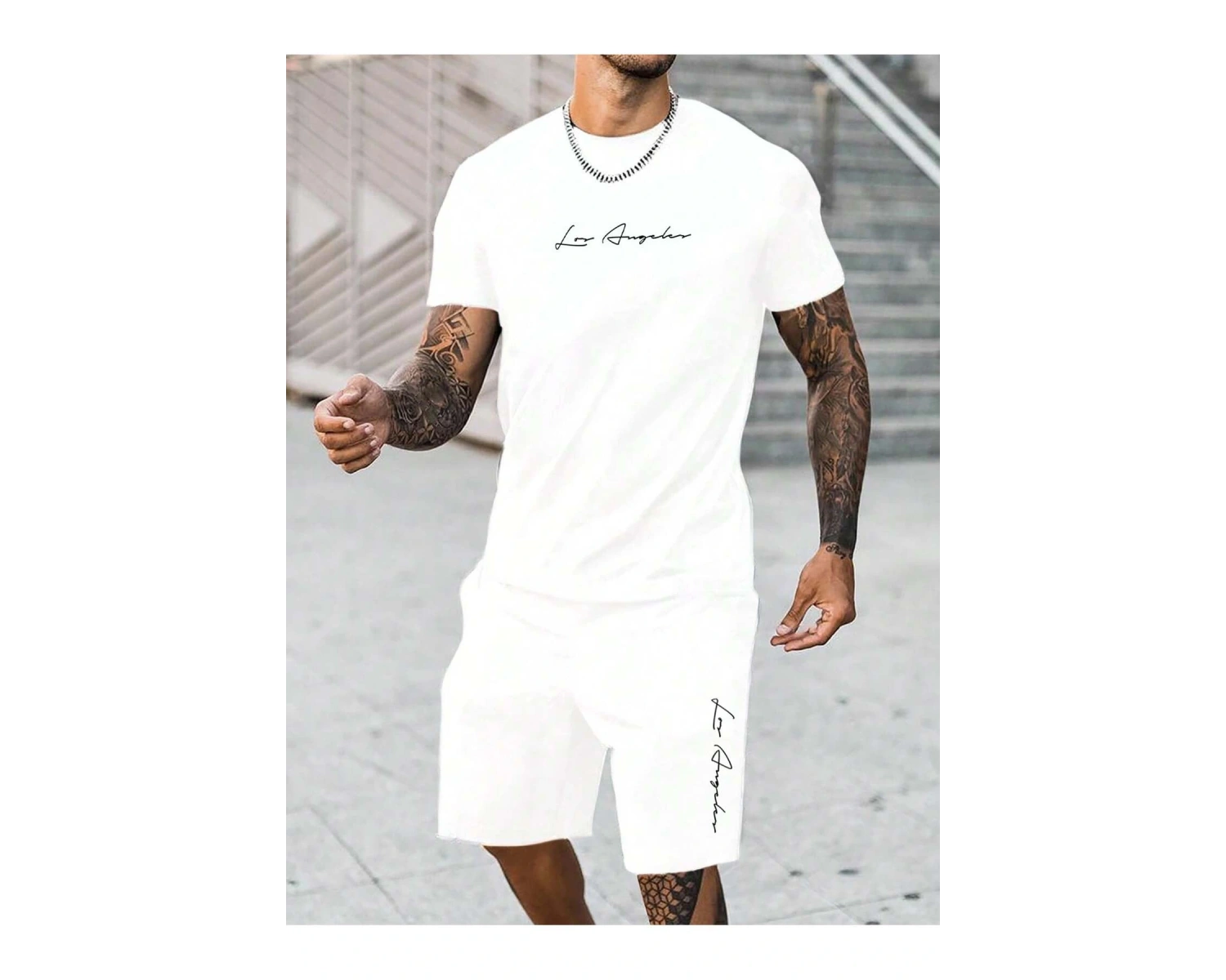 Manfinity Homme Beyaz Örme Erkek Kısa Kollu Tişört ve Şort Takımı