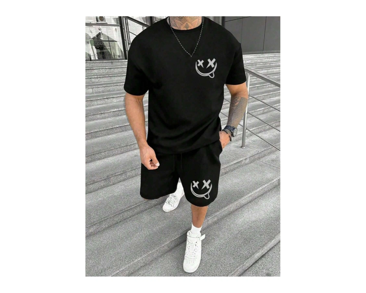 Manfinity Homme Beyaz Örme Erkek Kısa Kollu Tişört ve Şort Takımı