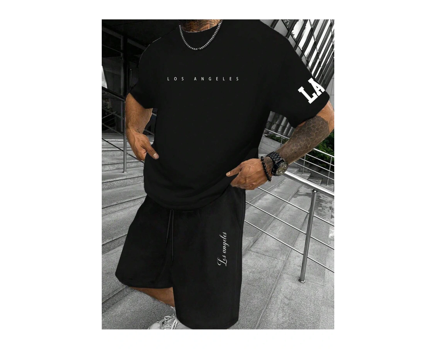 Manfinity Homme Erkek Yazlık Mektup Baskılı Kısa Kollu Tişört ve Şort Takımı