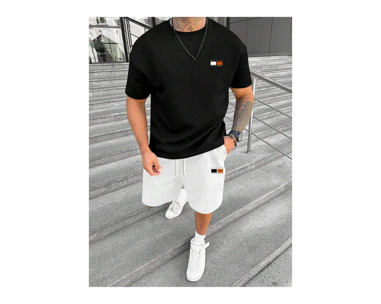 Manfinity Homme Erkek Yazlık Mektup Baskılı Yuvarlak Tişört ve Şort Takımı