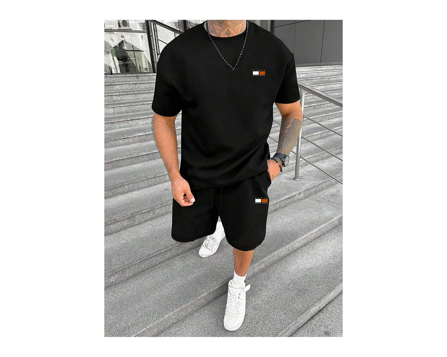 Manfinity Homme Erkek Yazlık Mektup Baskılı Yuvarlak Tişört ve Şort Takımı