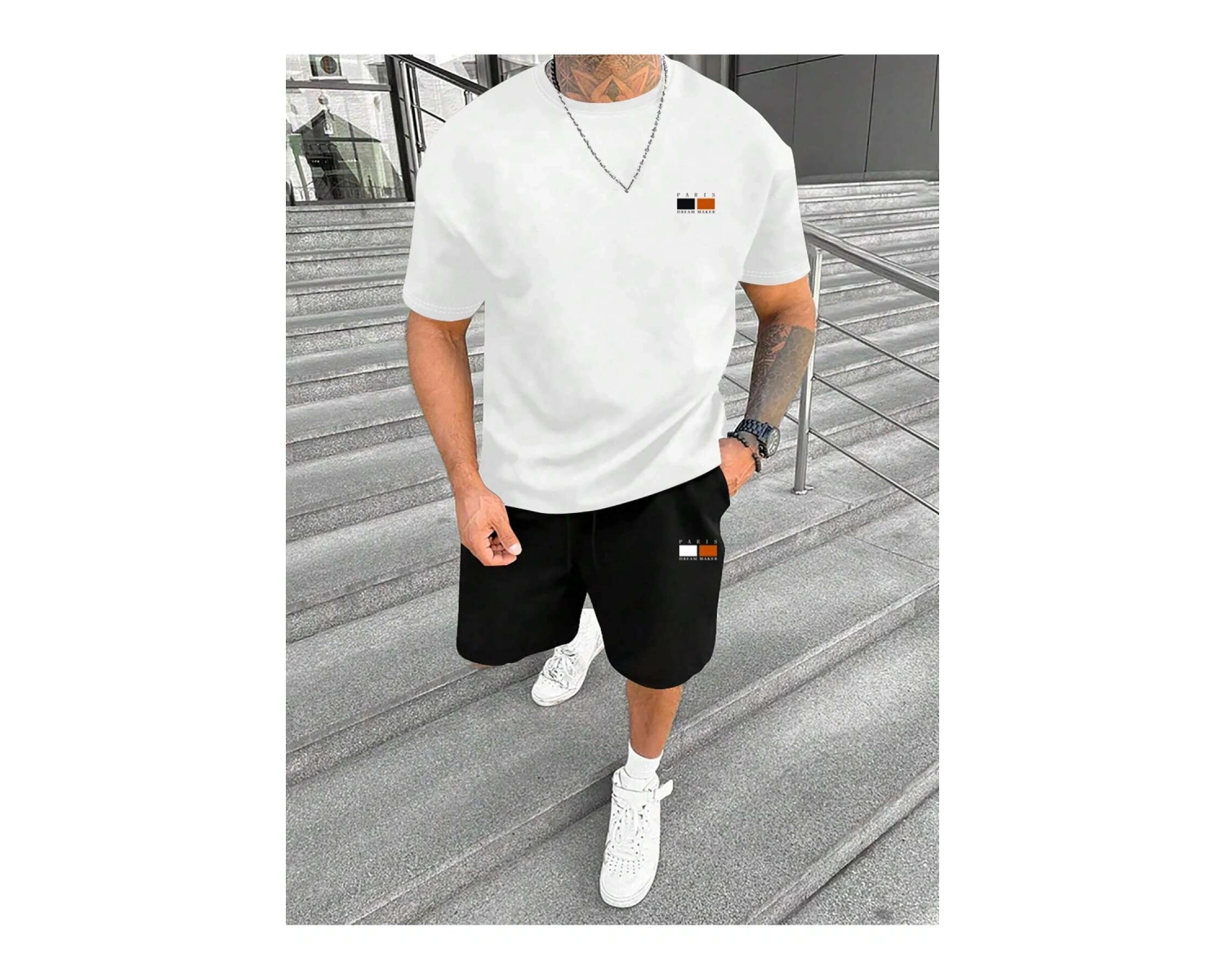 Manfinity Homme Erkek Yazlık Mektup Baskılı Yuvarlak Tişört ve Şort Takımı