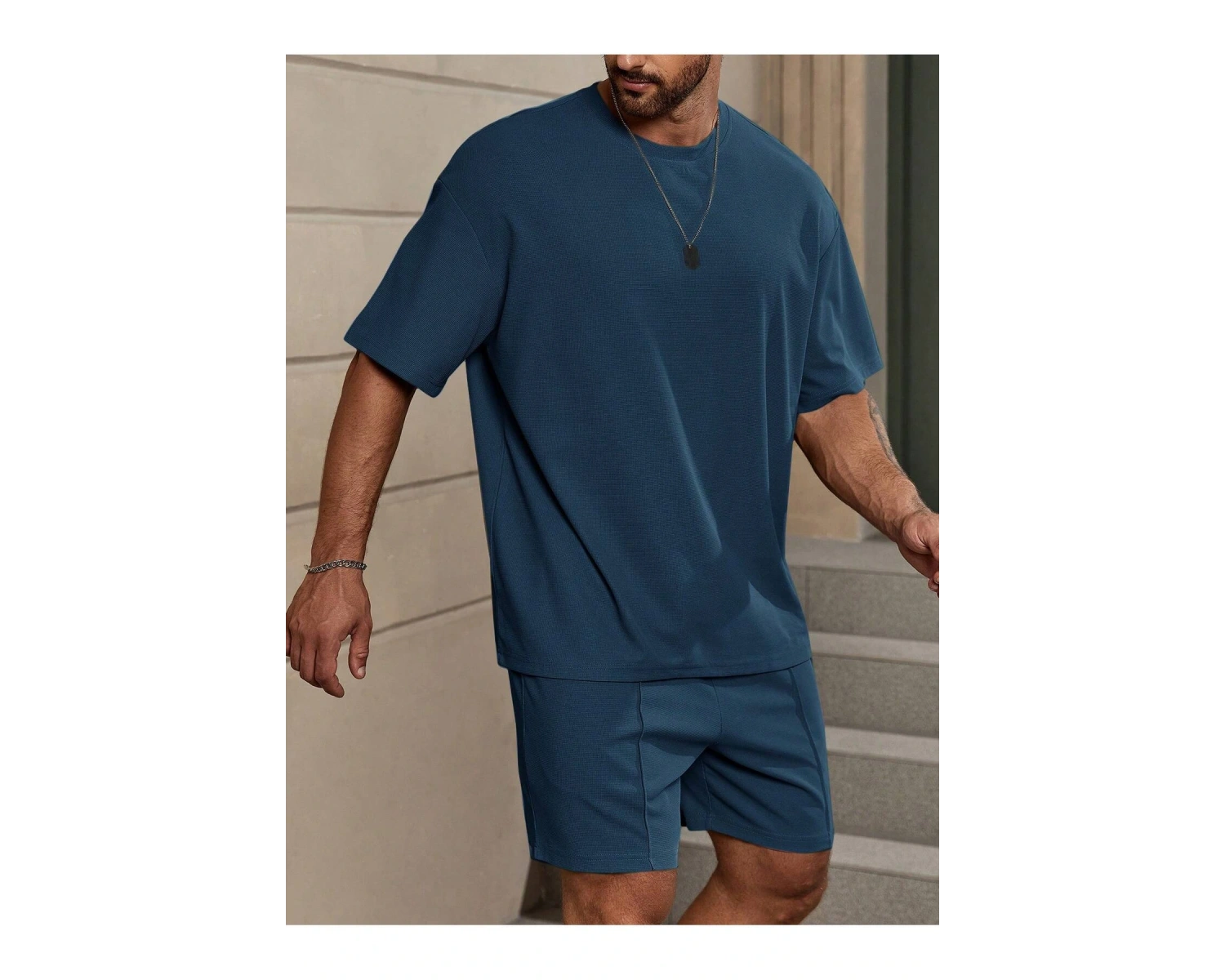 Manfinity Homme Loose Fit Erkek Düz Renk Düşük Omuz Tişört Ve Şort Takımı