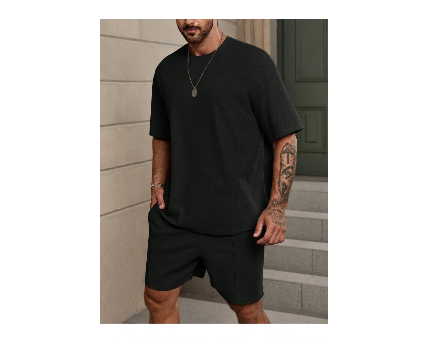 Manfinity Homme Loose Fit Erkek Düz Renk Düşük Omuz Tişört Ve Şort Takımı