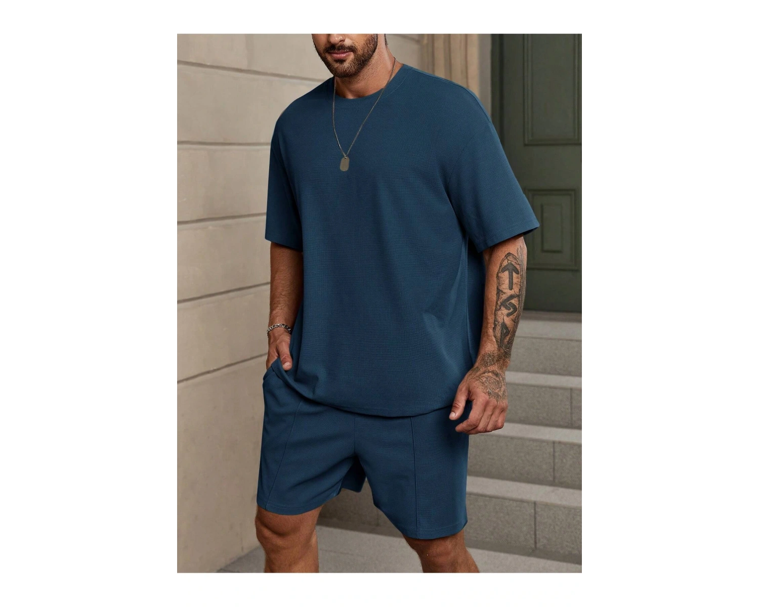 Manfinity Homme Loose Fit Erkek Düz Renk Düşük Omuz Tişört Ve Şort Takımı