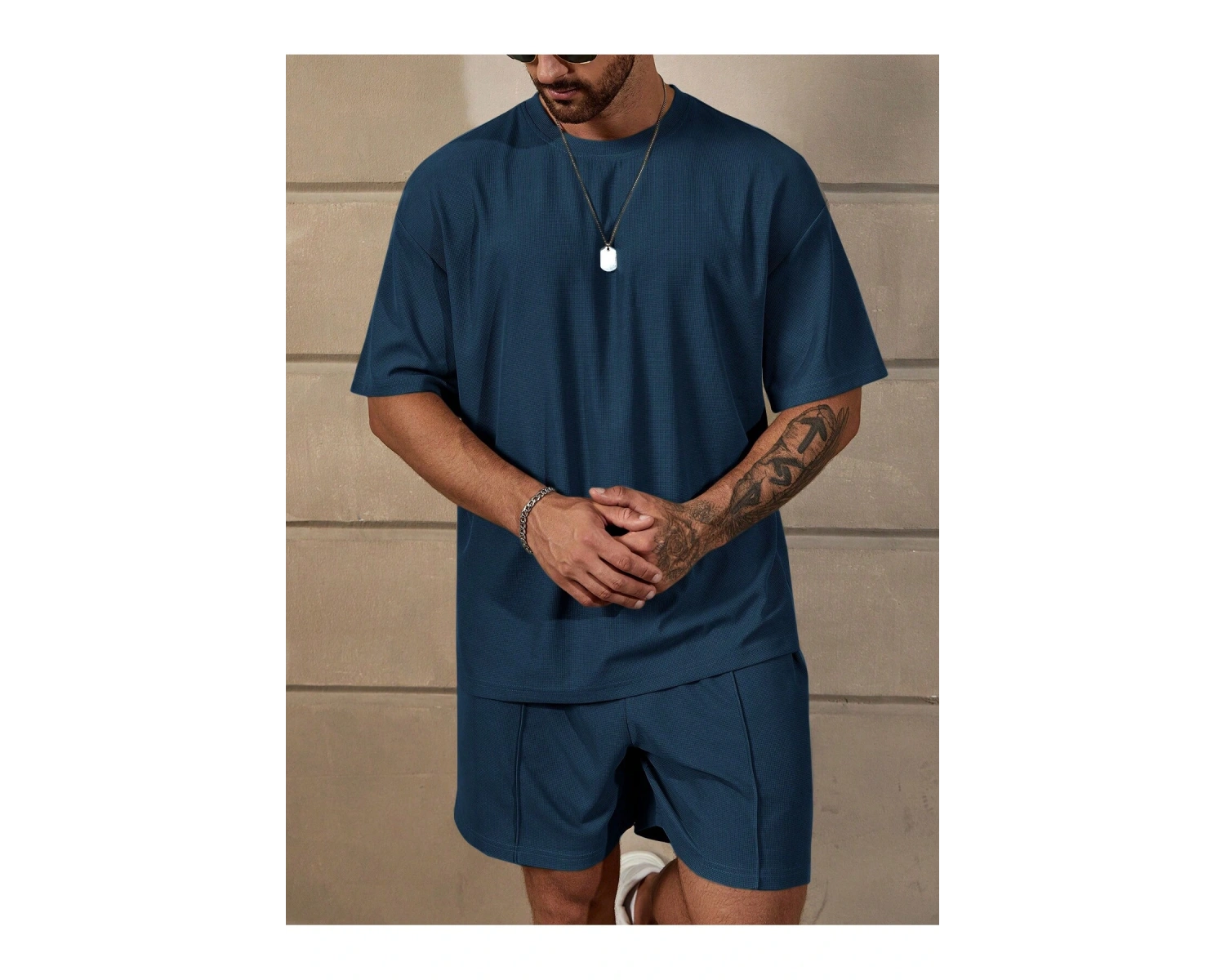 Manfinity Homme Loose Fit Erkek Düz Renk Düşük Omuz Tişört Ve Şort Takımı