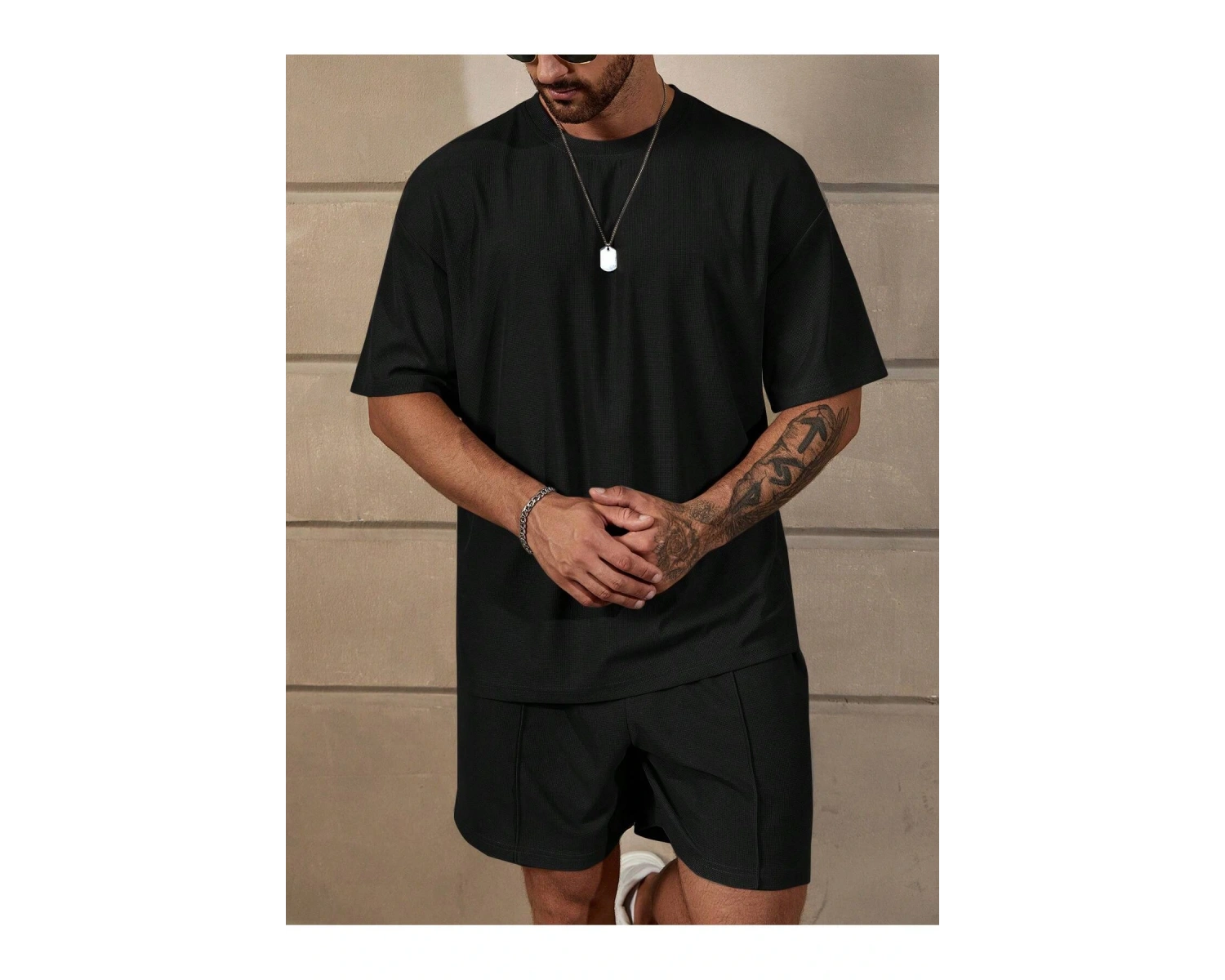 Manfinity Homme Loose Fit Erkek Düz Renk Düşük Omuz Tişört Ve Şort Takımı