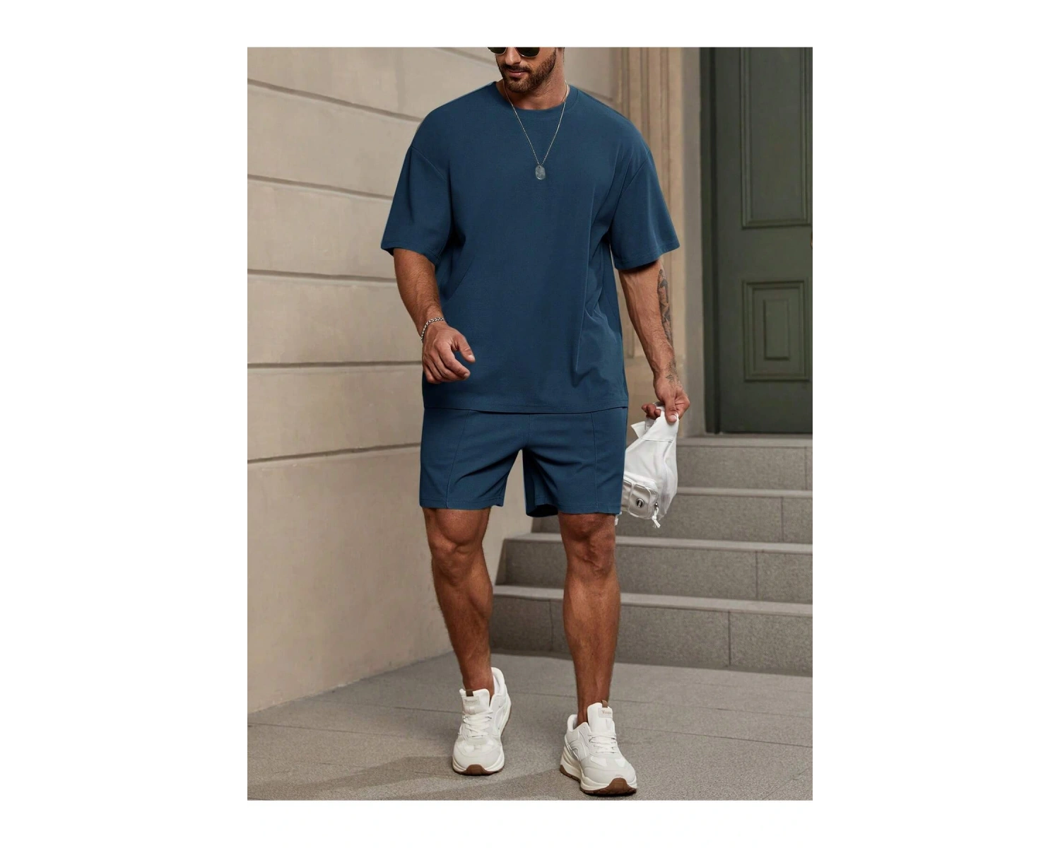 Manfinity Homme Loose Fit Erkek Düz Renk Düşük Omuz Tişört Ve Şort Takımı