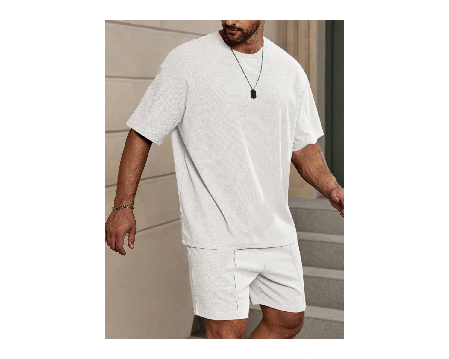 Manfinity Homme Loose Fit Erkek Düz Renk Düşük Omuzlu Tişört ve Şort