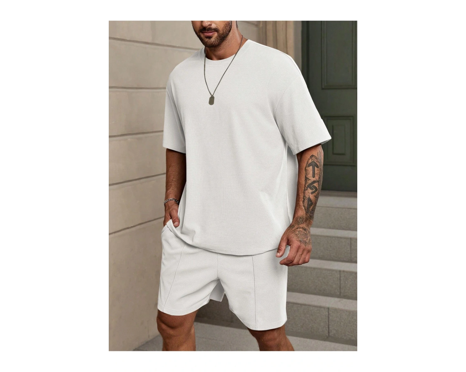 Manfinity Homme Loose Fit Erkek Düz Renk Düşük Omuzlu Tişört ve Şort