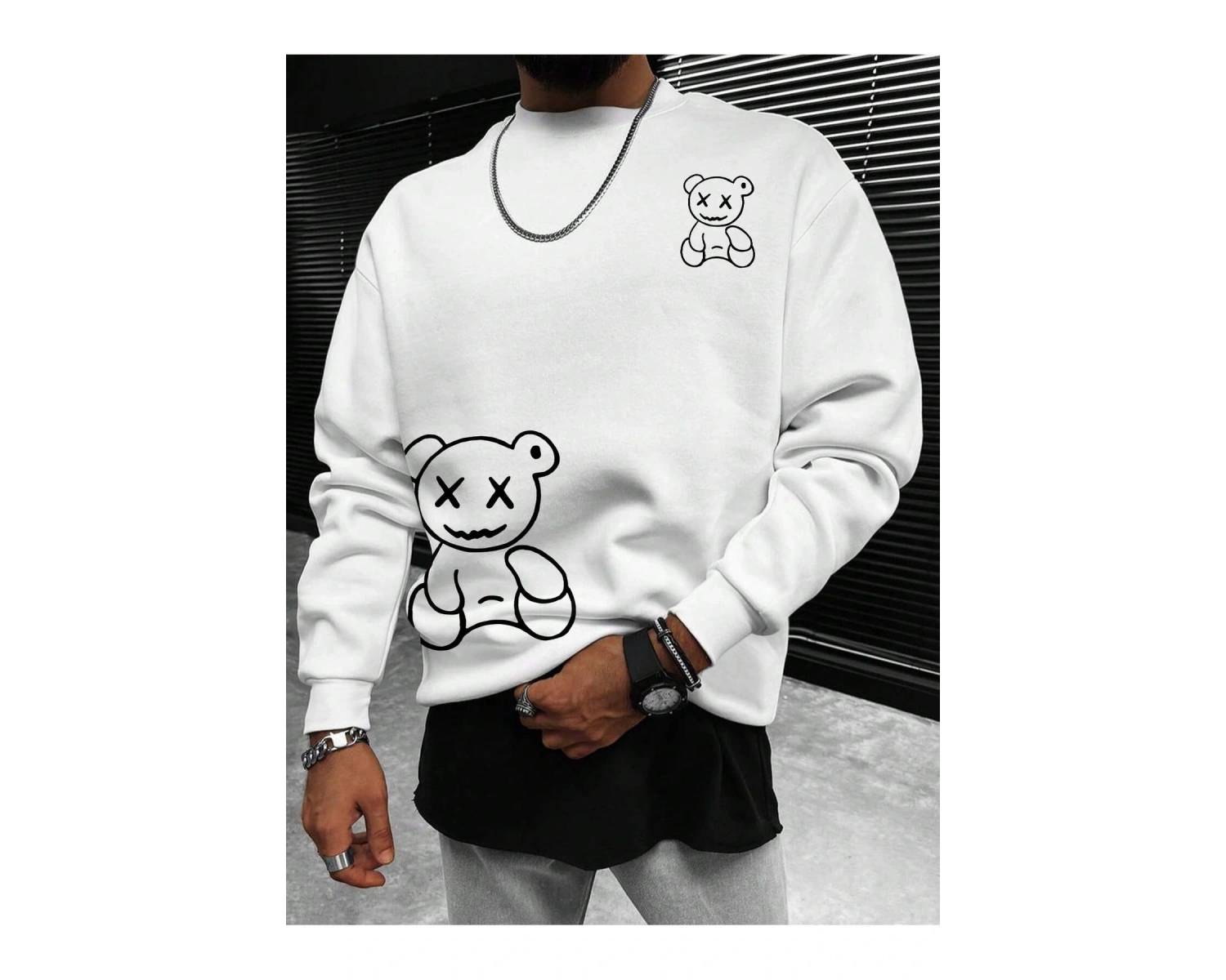 Manfinity Hypemode Bear Print Drop Shoulder Sweatshirt Beyaz