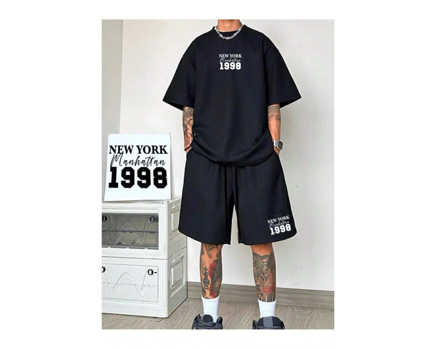 Manfinity Hypemode Erkek Bol Kesim Günlük Harf Baskılı Tişört Ve Şort Takımı