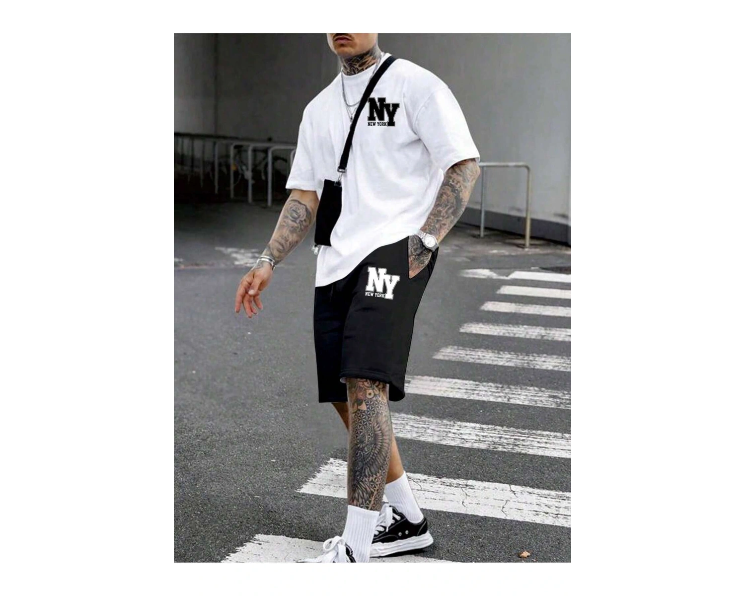 Manfinity Hypemode Erkek Yazlık Rahat Örme Kısa Kollu Tişört ve Şort Harf Baskılı