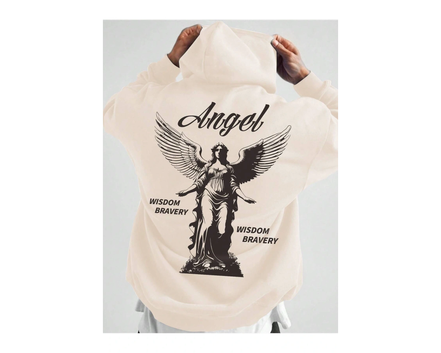 Manfinity Hypemode Letter & Figure Graphic Kangaroo Pocket Drawstring Hoodie Bej