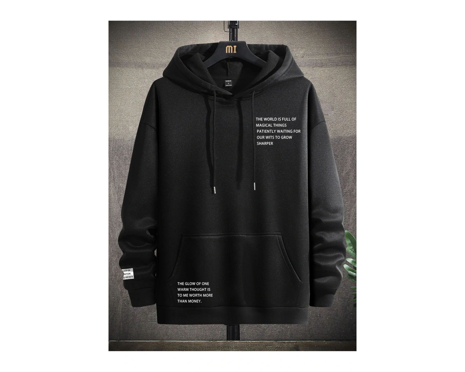 Manfinity Hypemode Slogan Graphic Kangaroo Pocket Drawstring Hoodie Siyah
