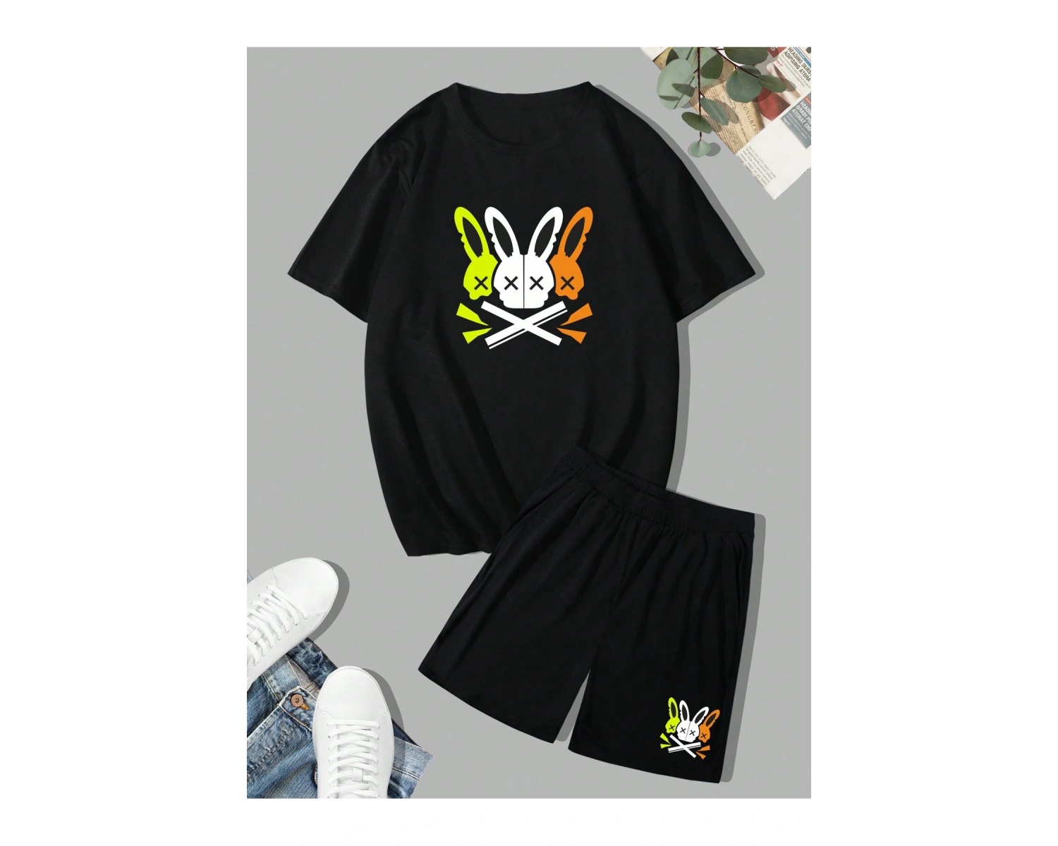 Manfinity LEGND Erkek Tatil Komik Karikatür Tavşan Baskılı Kısa Kollu Tişört Ve Şort Takımı