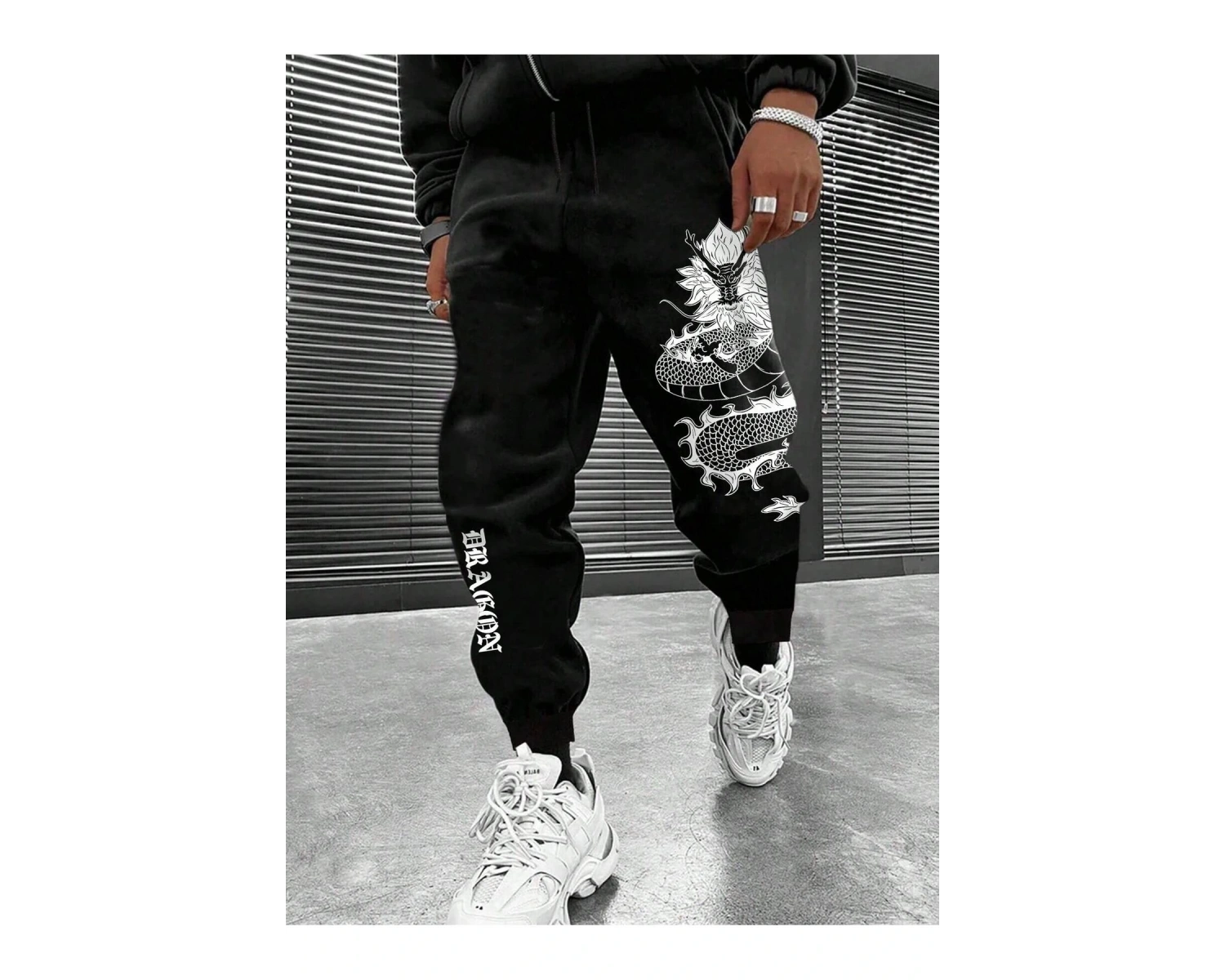 Manfinity Men Plus Çin Ejderha Baskılı Bel İpli Eşofman Altı