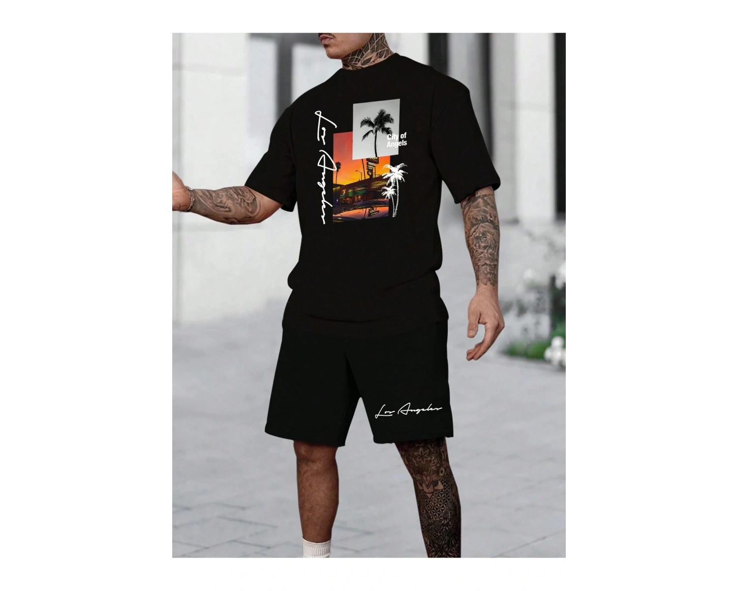 Manfinity RSRT Erkek Yaz Palmiye Ağacı Mektup Tişört Ve Şort Takımı
