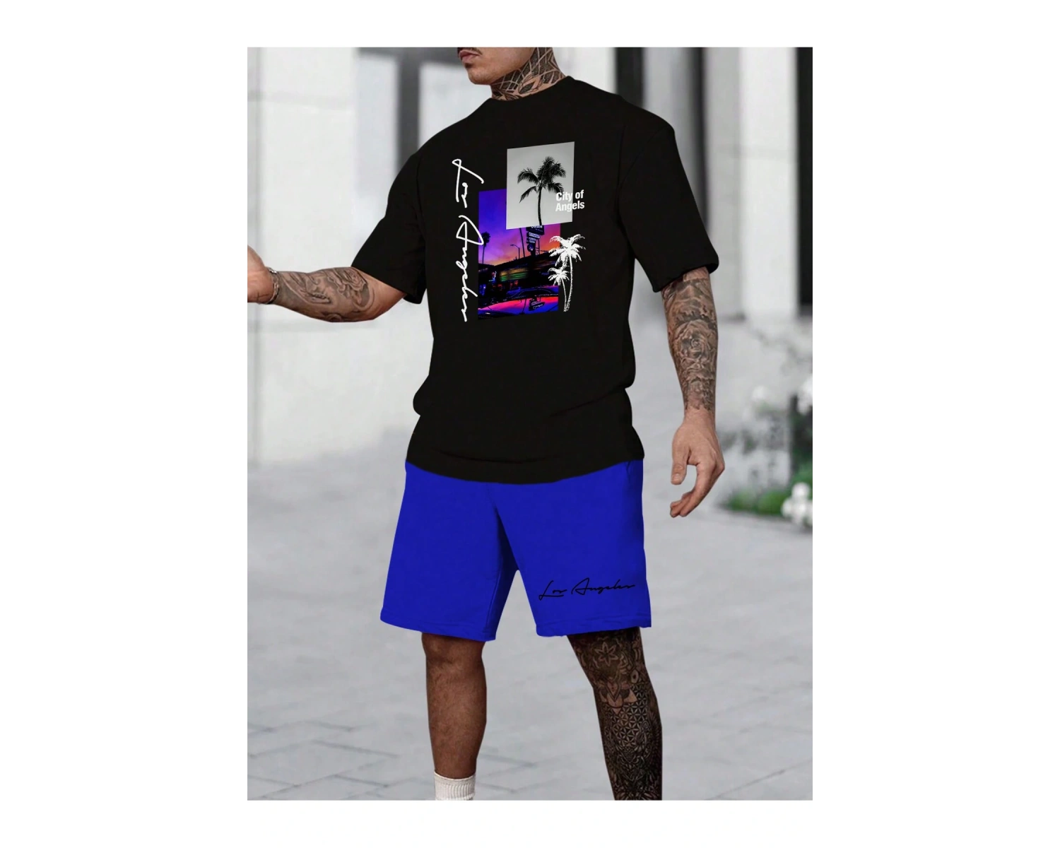 Manfinity RSRT Erkek Yaz Palmiye Ağacı Mektup Tişört Ve Şort Takımı