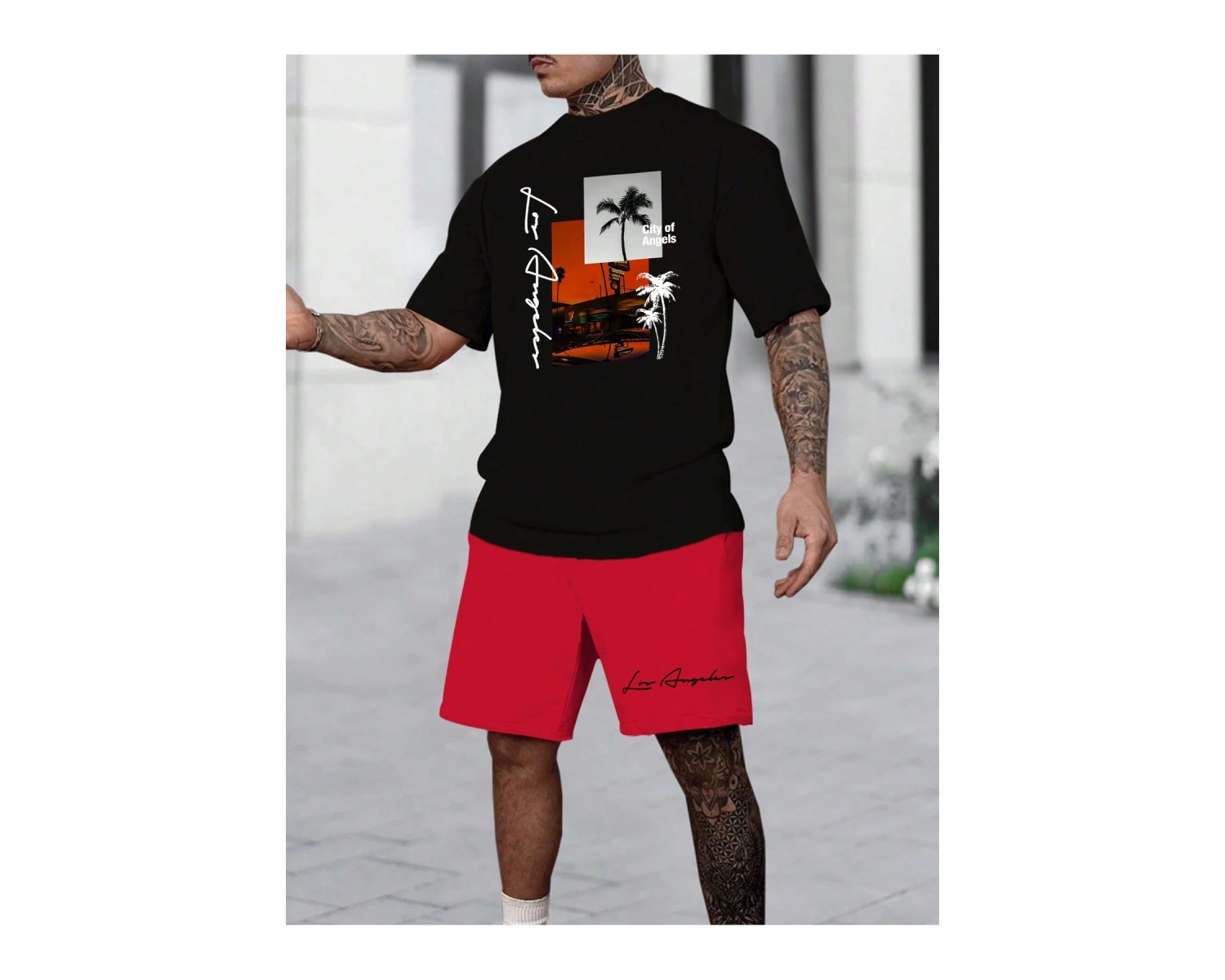 Manfinity RSRT Erkek Yaz Palmiye Ağacı Mektup Tişört Ve Şort Takımı