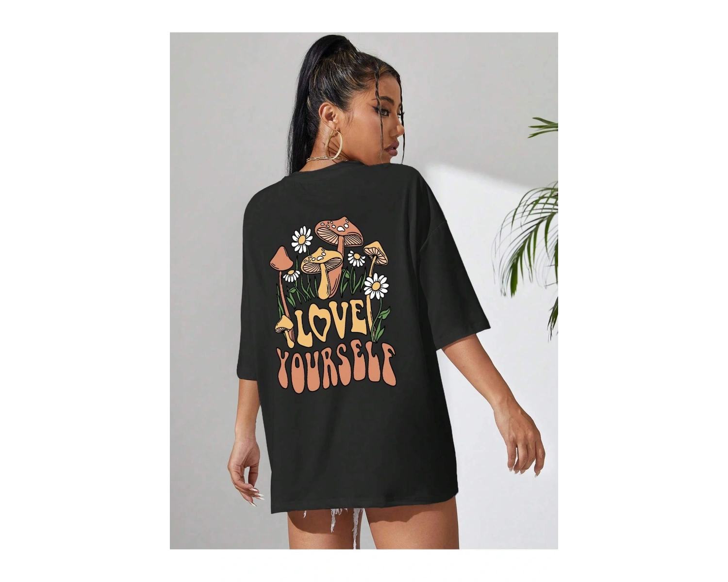 Mantar & Slogan Grafikli Düşük Omuzlu Tişört