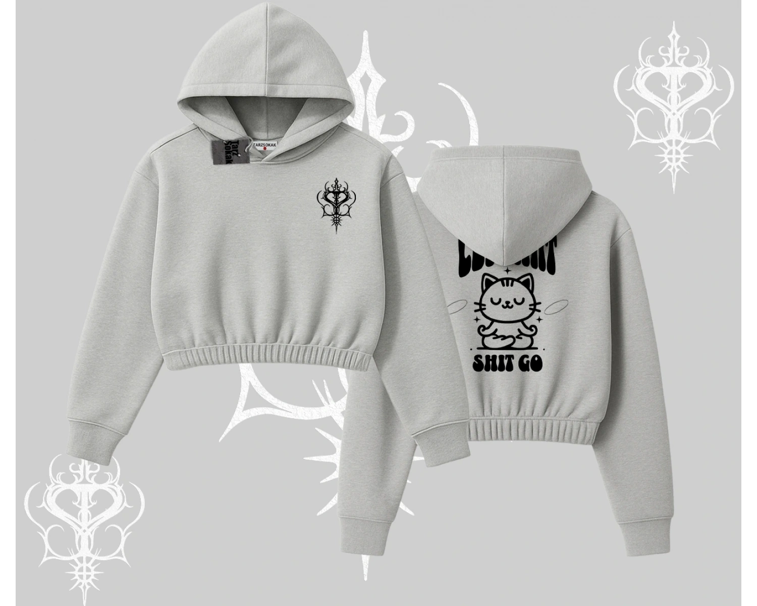 Meditasyon Yapan Kedi Baskılı Kapşonlu Crop Sweatshirt