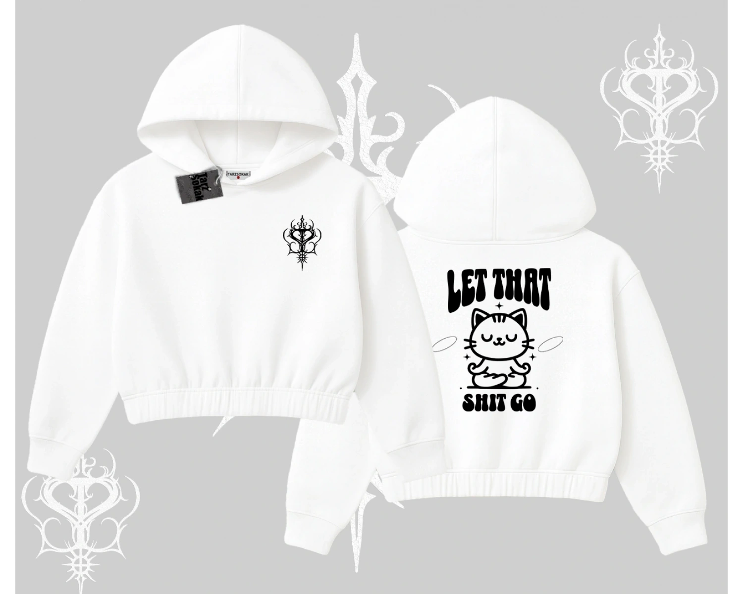 Meditasyon Yapan Kedi Baskılı Kapşonlu Crop Sweatshirt