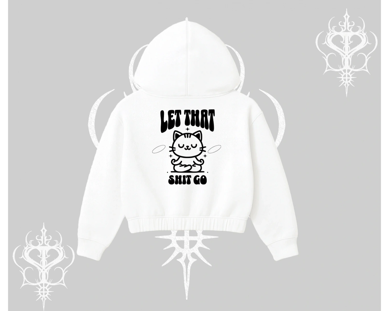 Meditasyon Yapan Kedi Baskılı Kapşonlu Crop Sweatshirt