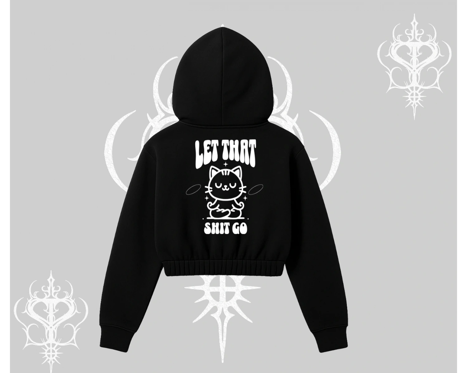 Meditasyon Yapan Kedi Baskılı Kapşonlu Crop Sweatshirt