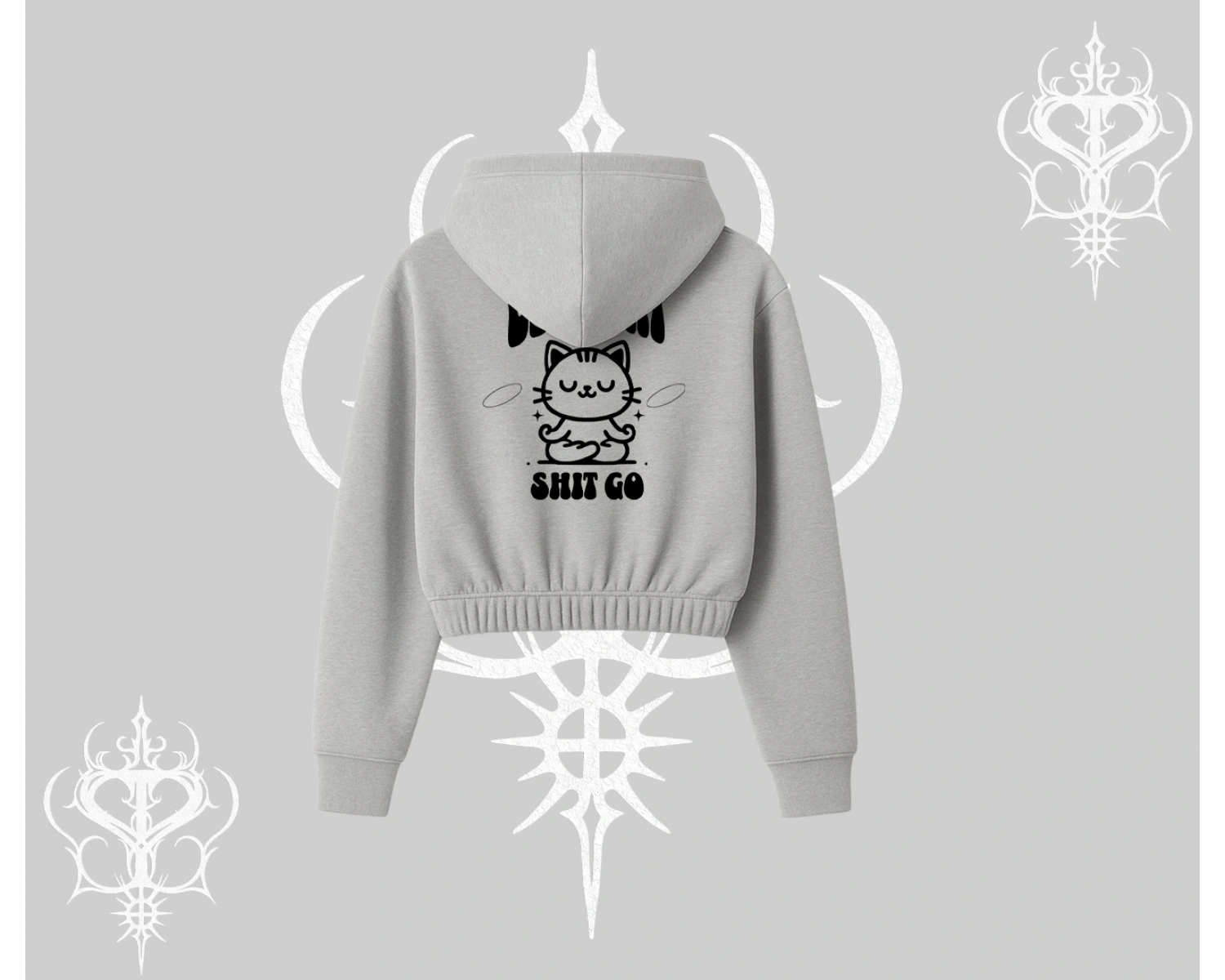 Meditasyon Yapan Kedi Baskılı Kapşonlu Crop Sweatshirt