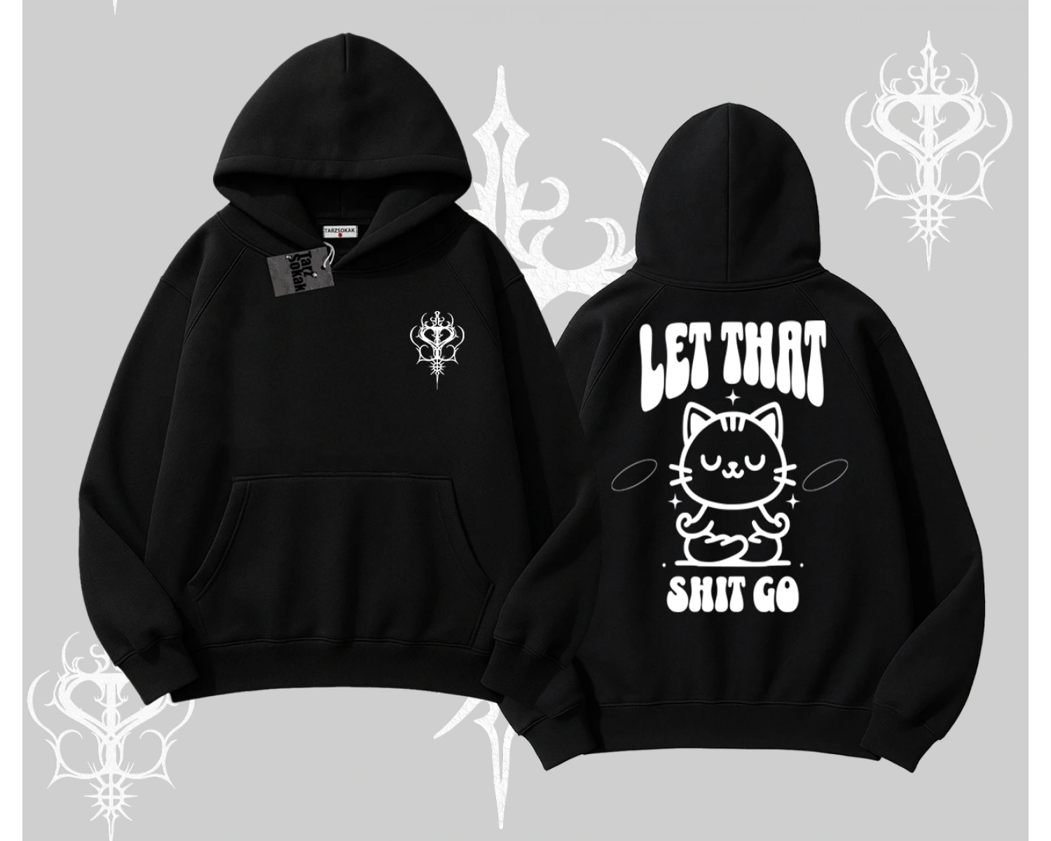 Meditasyon Yapan Kedi Baskılı Kapşonlu Sweatshirt