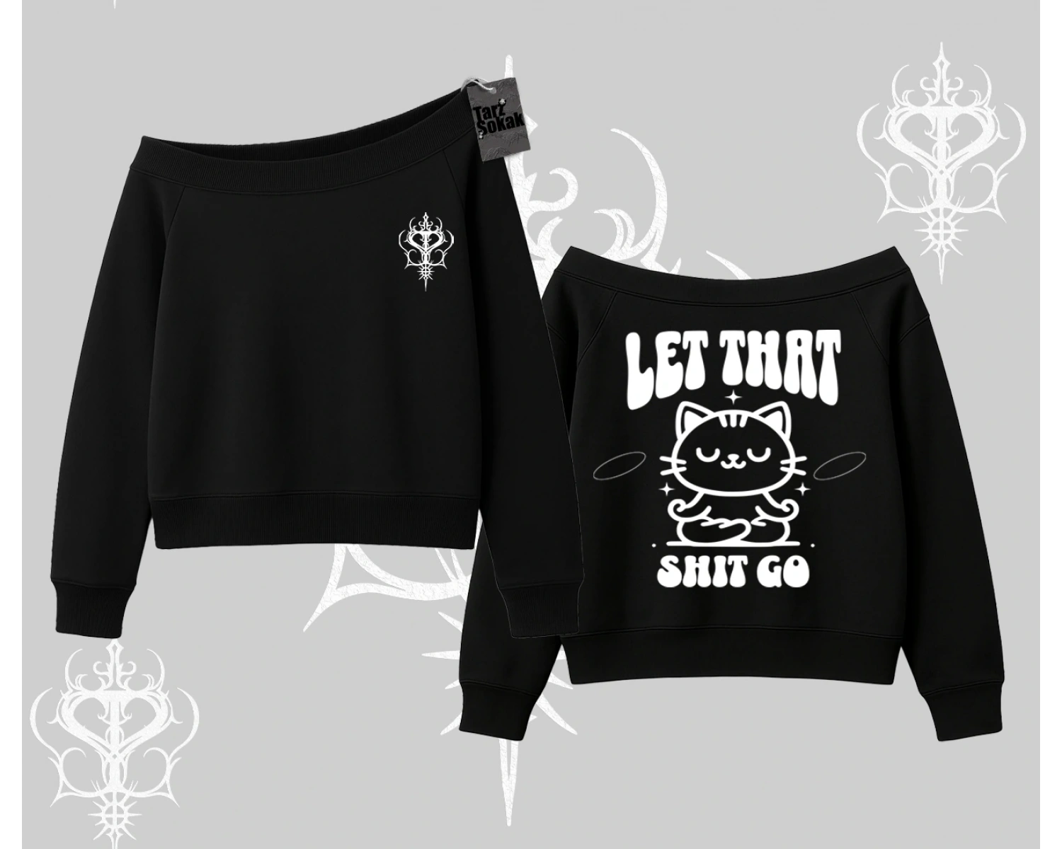 Meditasyon Yapan Kedi Baskılı Kayık Yaka Sweatshirt