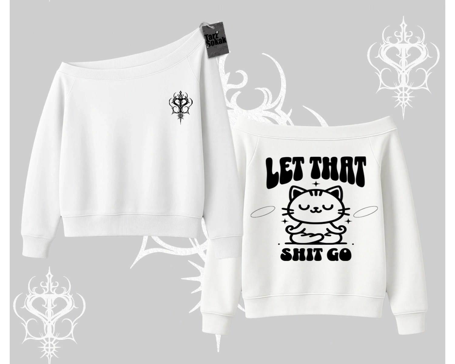 Meditasyon Yapan Kedi Baskılı Kayık Yaka Sweatshirt