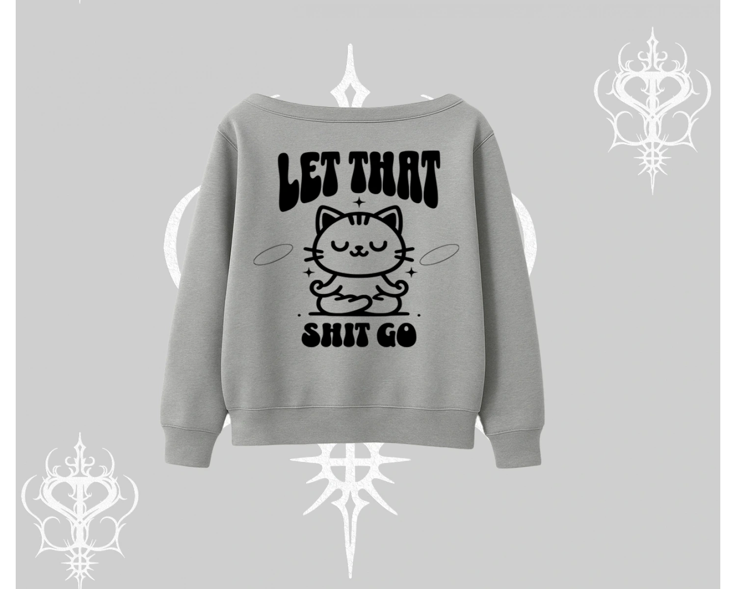 Meditasyon Yapan Kedi Baskılı Kayık Yaka Sweatshirt