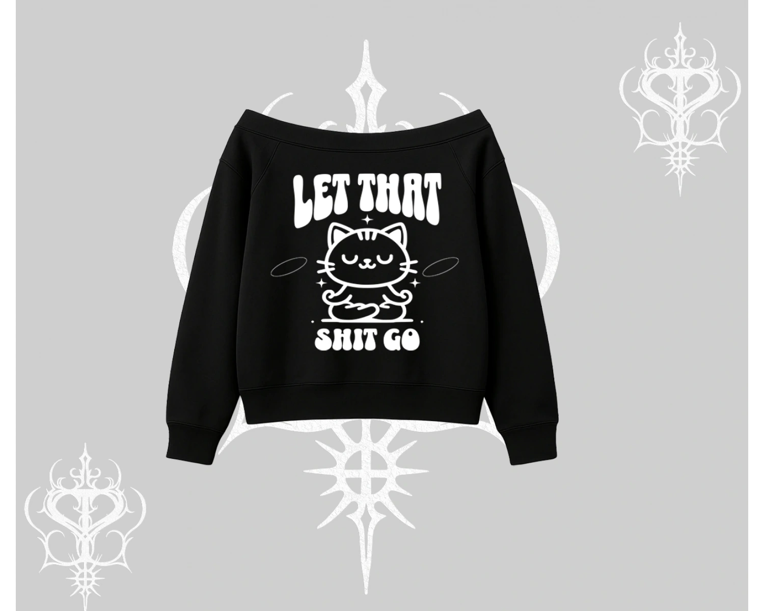 Meditasyon Yapan Kedi Baskılı Kayık Yaka Sweatshirt