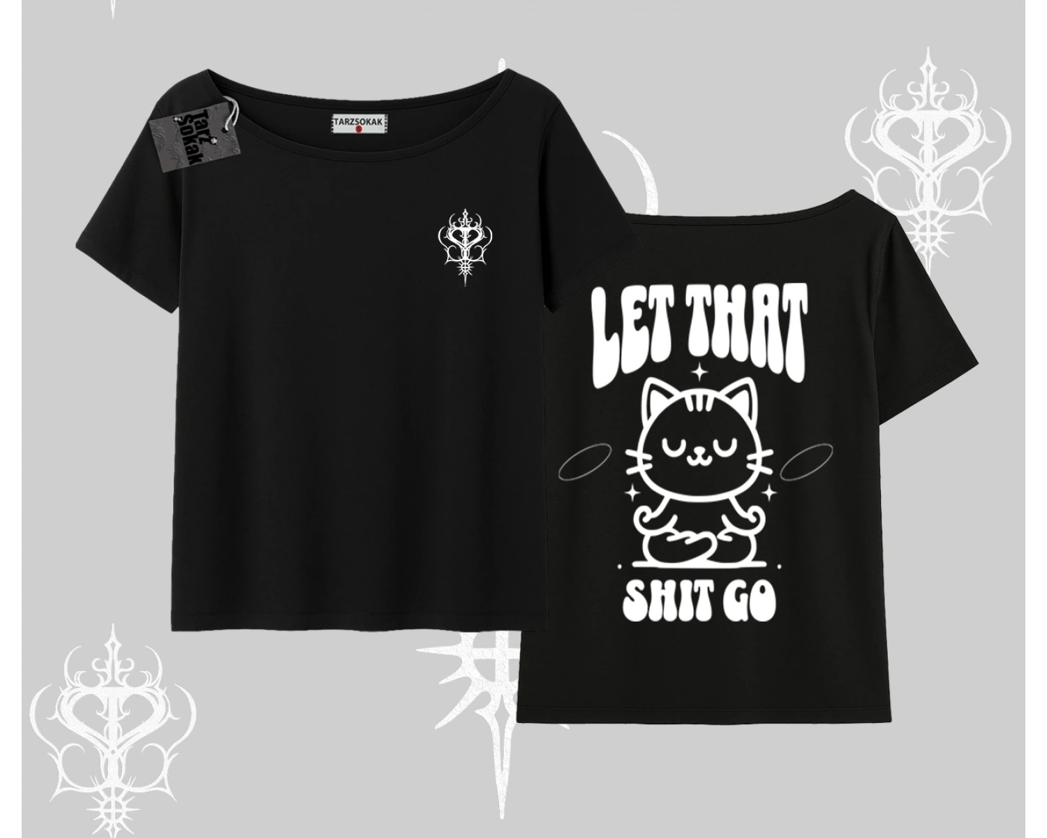 Meditasyon Yapan Kedi Baskılı Kayık Yaka Tshirt