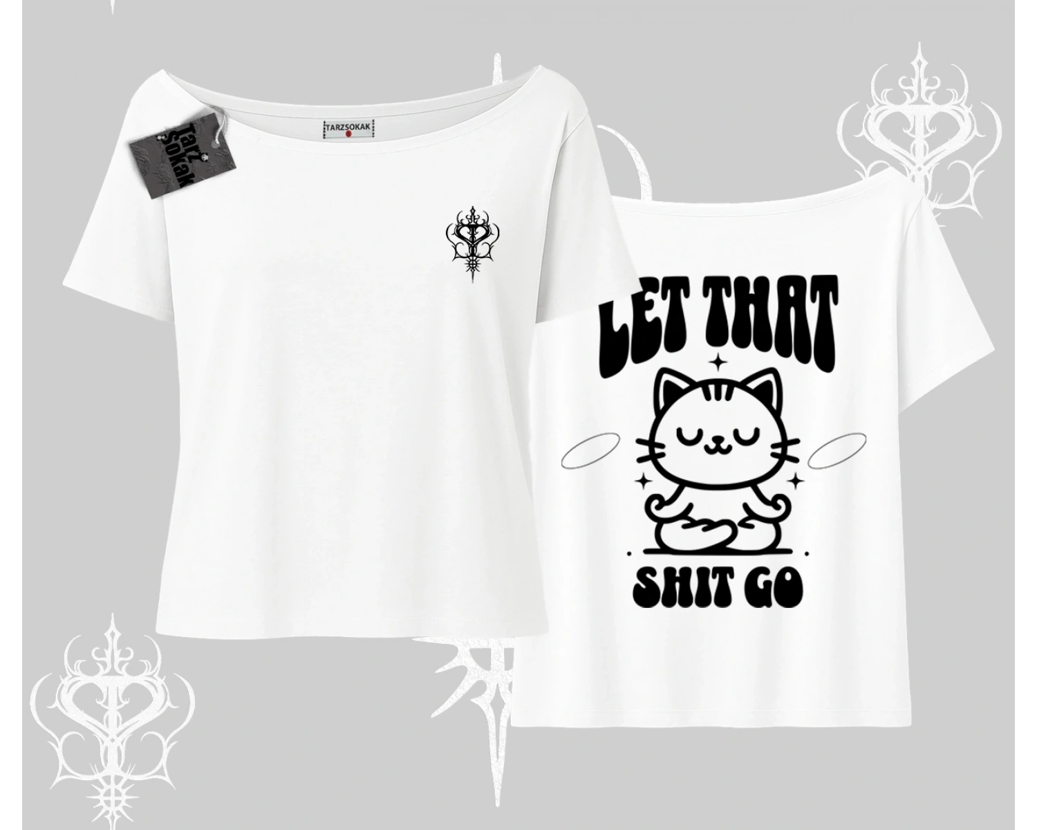 Meditasyon Yapan Kedi Baskılı Kayık Yaka Tshirt