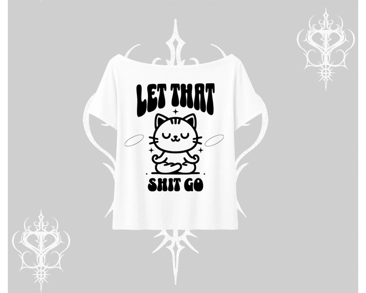 Meditasyon Yapan Kedi Baskılı Kayık Yaka Tshirt