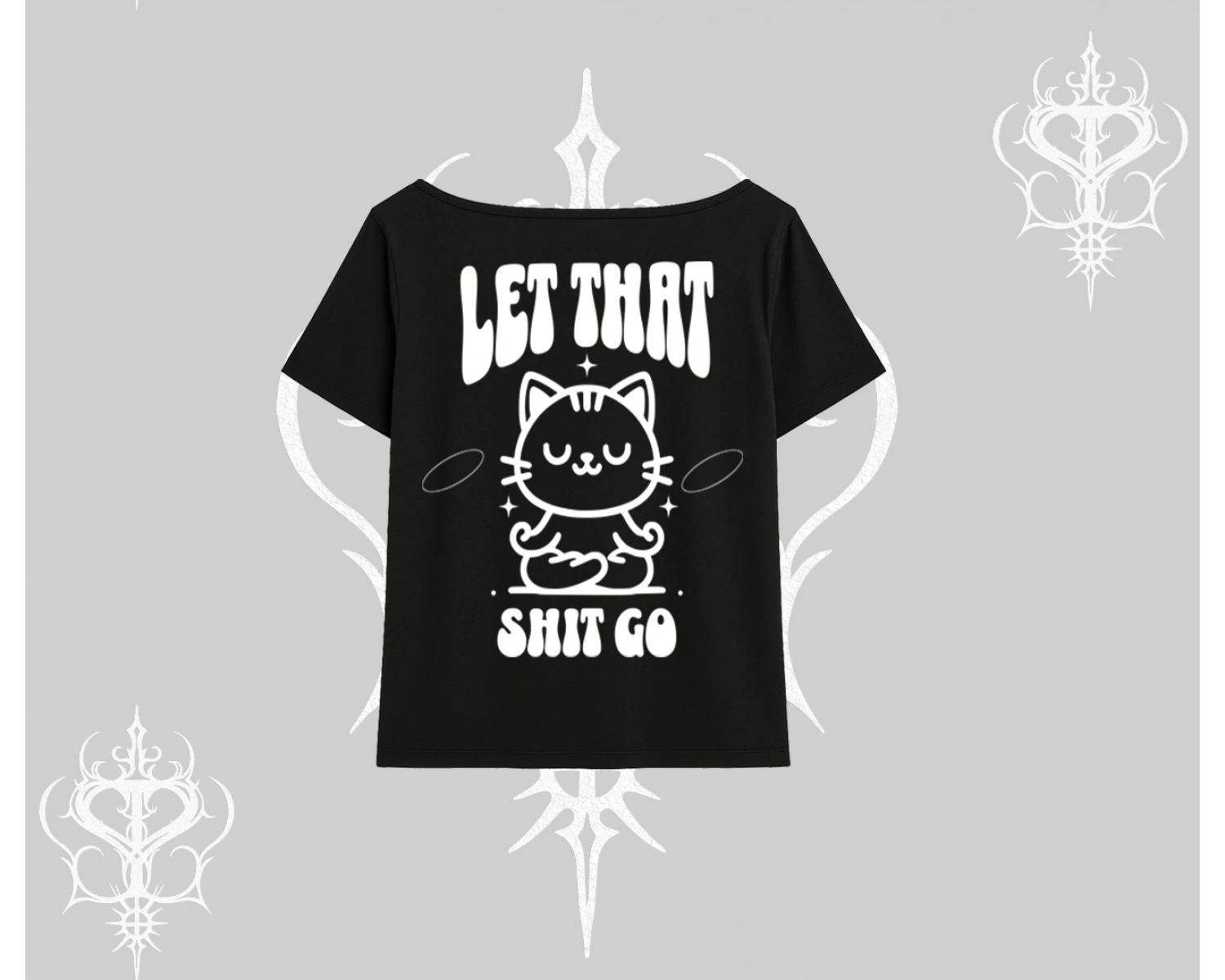 Meditasyon Yapan Kedi Baskılı Kayık Yaka Tshirt