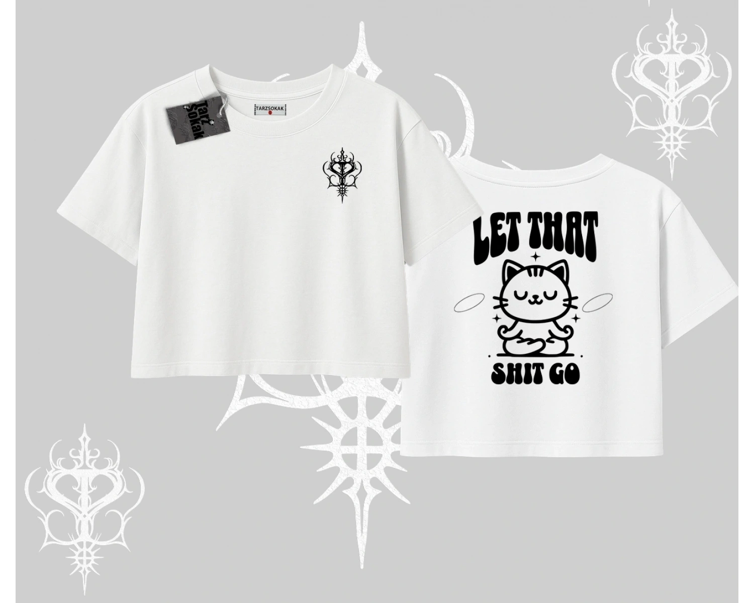 Meditasyon Yapan Kedi Baskılı Oversize Crop Tshirt